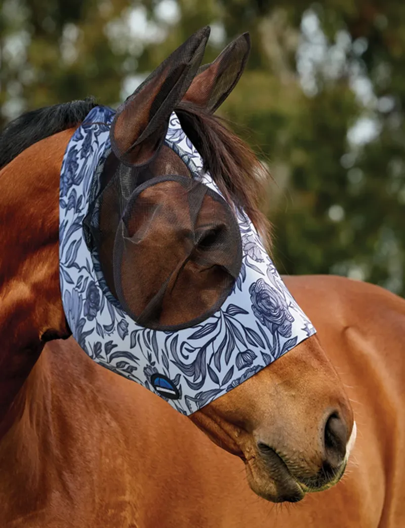 WeatherBeeta ComFiTec Deluxe Stretch Fly Mask With Ears Navy Floral-2