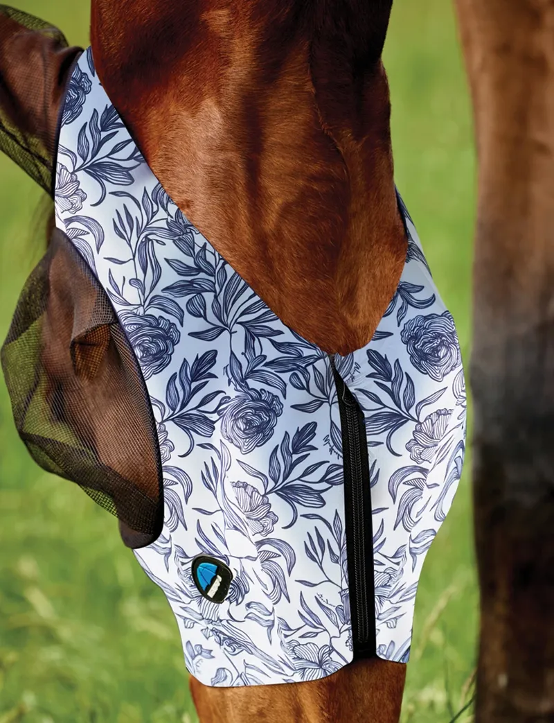 WeatherBeeta ComFiTec Deluxe Stretch Fly Mask With Ears Navy Floral-1