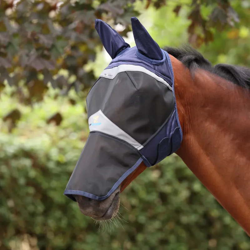 Shires FlyGuard Pro Fine Mesh Fly Mask with Ears and Square Nose in Navy