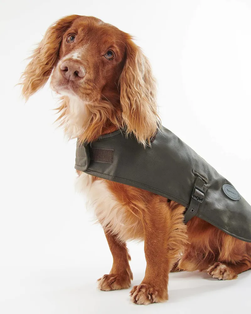 Barbour Waxed Dog Coat With Tartan Lining Olive-1