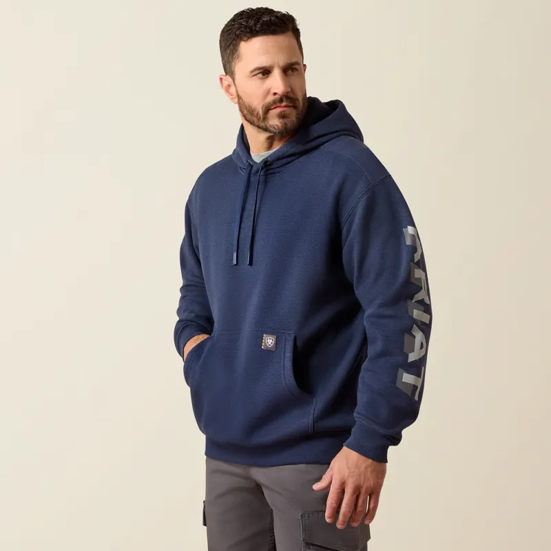 Ariat Men's Rebar Lightweight Logo Hoodie in Navy Heather and Alloy-4