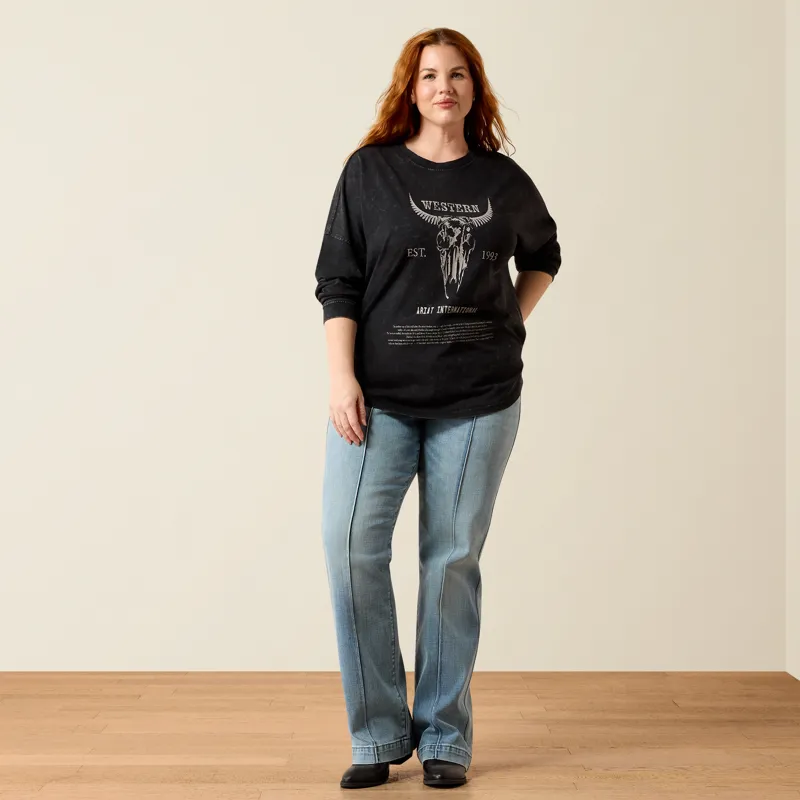 Ariat Women's Canvas Oversized Long Sleeve T-Shirt in Black Acid Wash-1