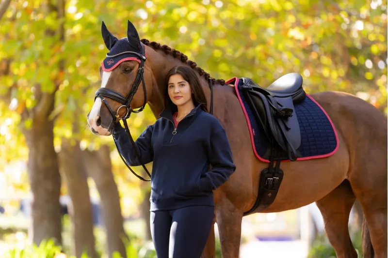 LeMieux Suede Dressage Square Navy/Cranberry-3