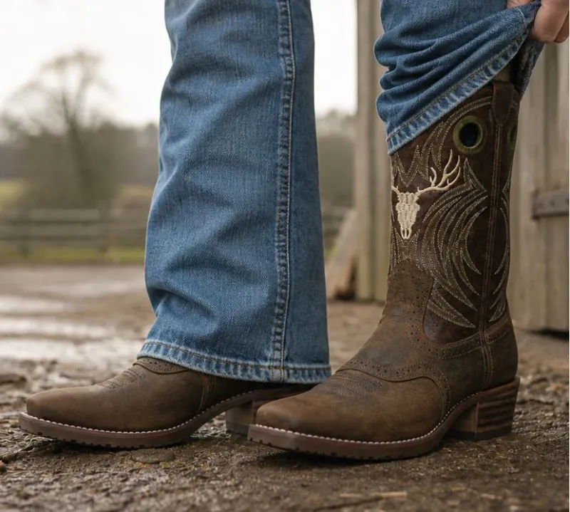 Ariat Mens Hybrid Roughstock Antler Wild Taupe/Espresso Western Style Boot
