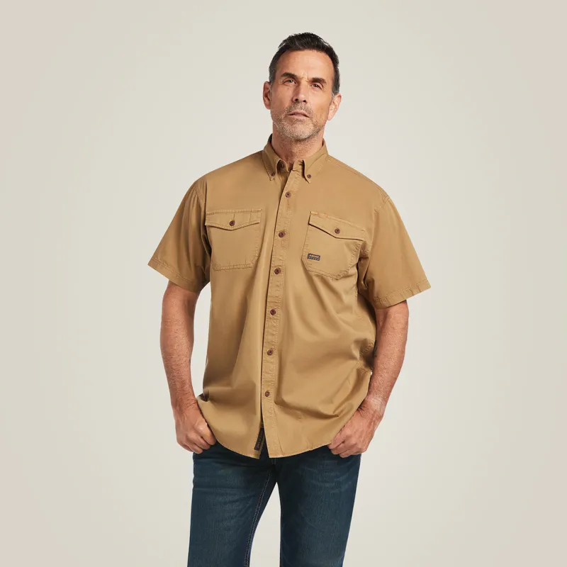 Ariat Mens Rebar Washed Twill Short-Sleeve Work Shirt in Rebar Khaki-1
