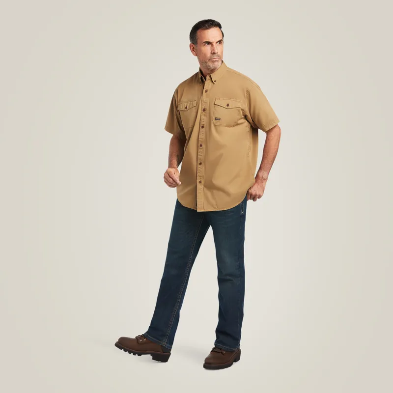 Ariat Mens Rebar Washed Twill Short-Sleeve Work Shirt in Rebar Khaki-2