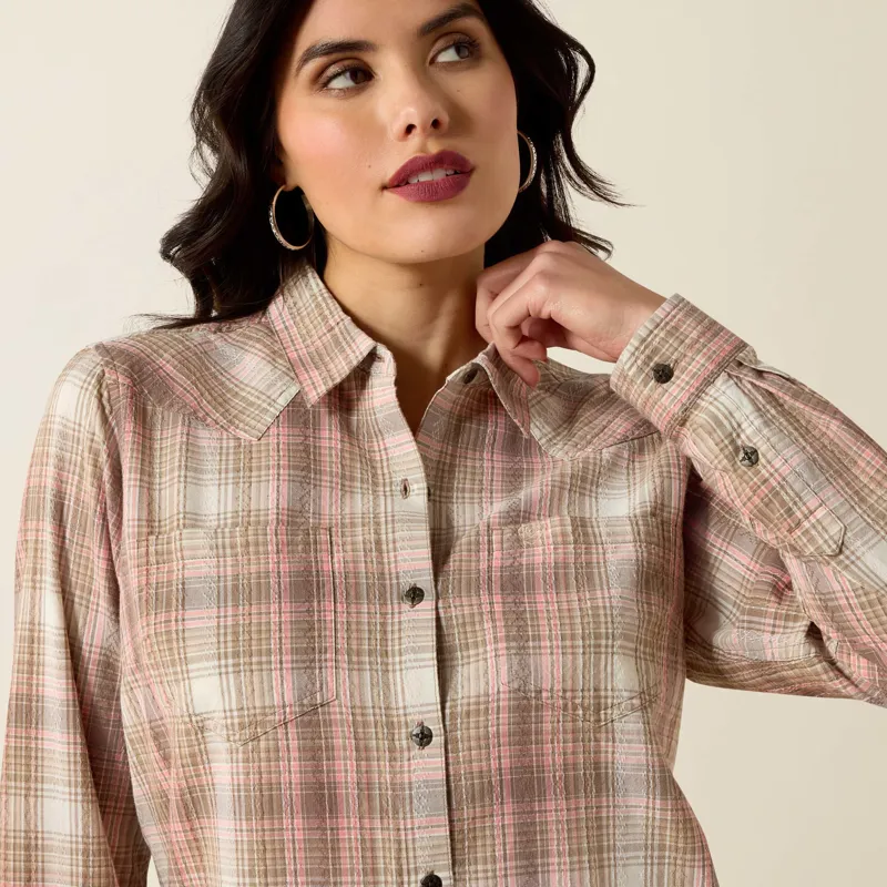 Ariat Womens Billie Jean Western Shirt in White Pepper Coral Plaid-6