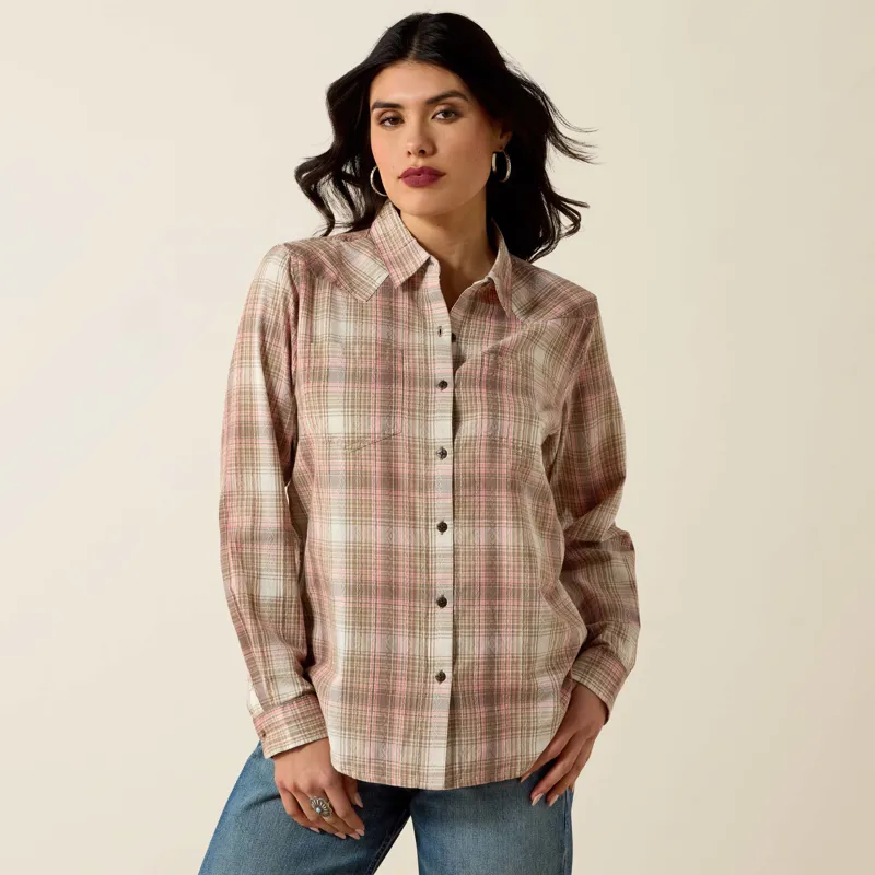 Ariat Womens Billie Jean Western Shirt in White Pepper Coral Plaid-1