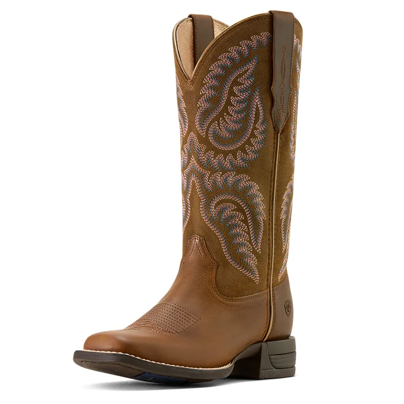 Ariat Womens Cattle Caite Wide Square Toe Western Boot in Distressed Brown/Adobe Clay