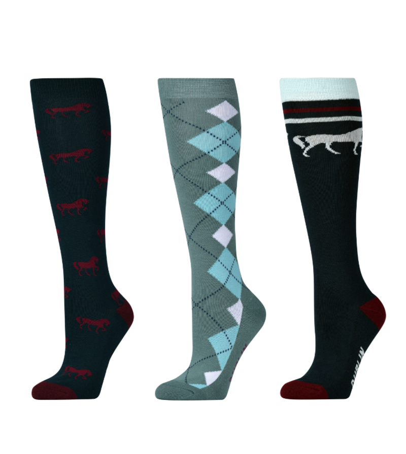 Dublin 3 Pack Socks Emerald Green Horses Adults
