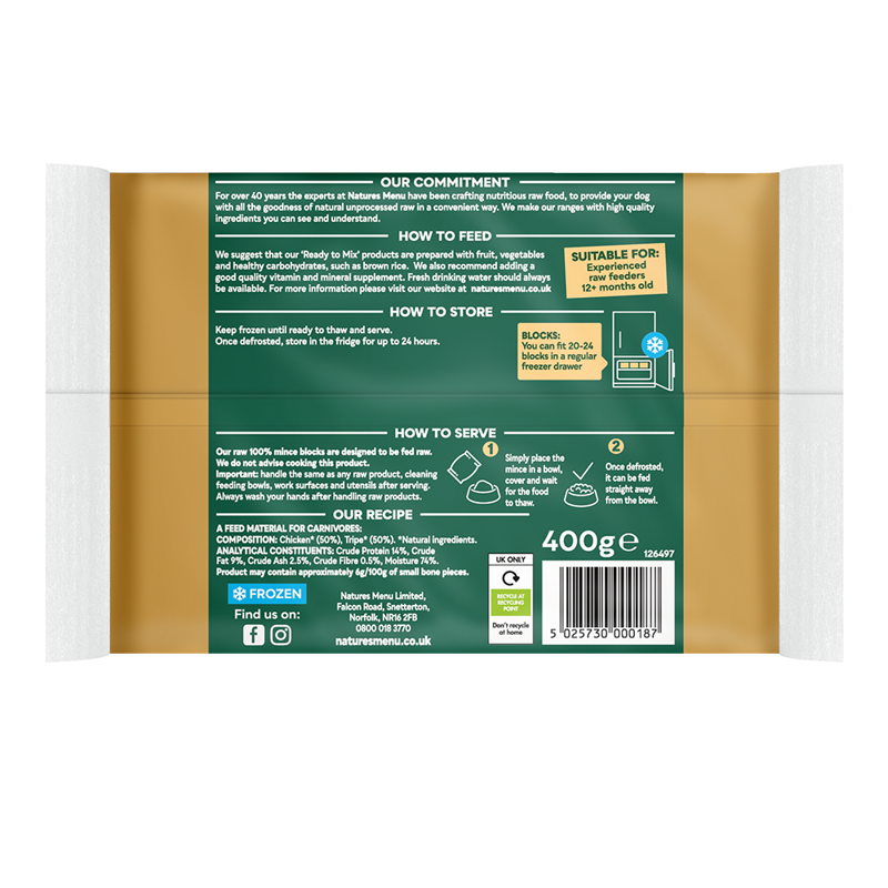 Natures Menu Raw Frozen 100% Chicken and Tripe Block 400g-1