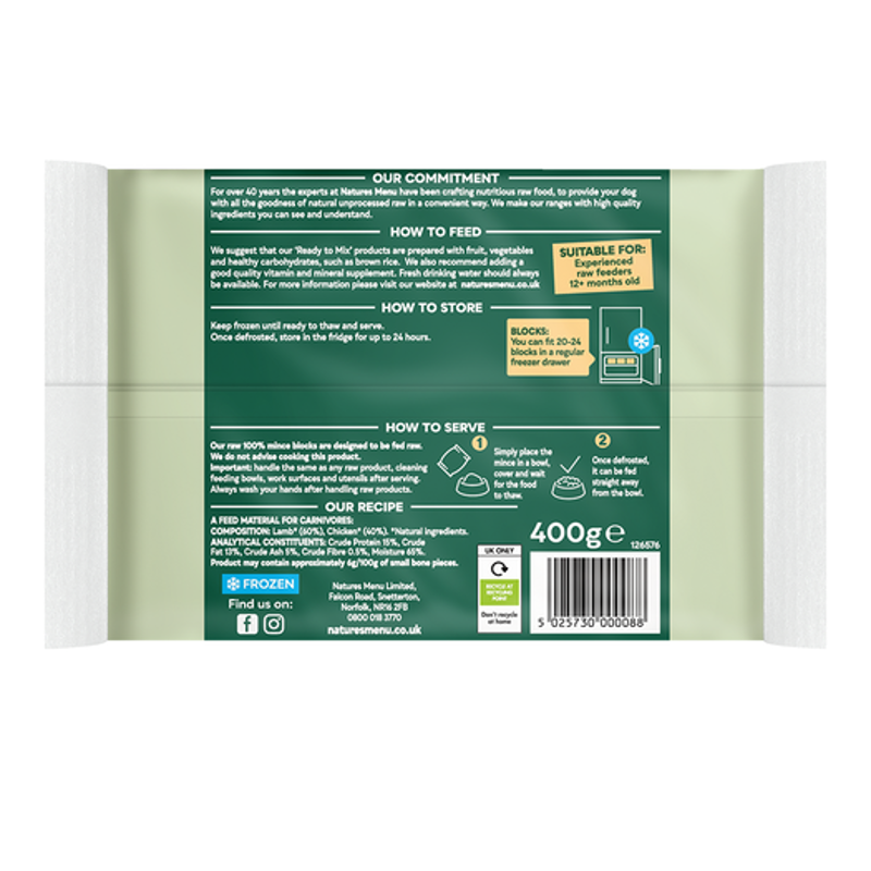  Natures Menu Raw Frozen 100% Lamb and Chicken Block 400g-1