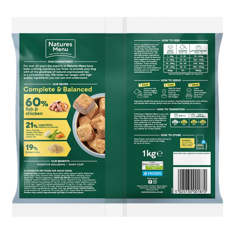 Nature's Menu Complete and Balanced Raw Frozen 60% Chicken and Fish Nuggets 1kg-2