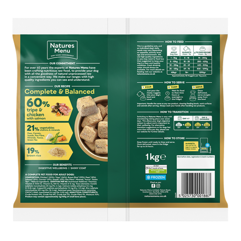 Nature's Menu Complete and Balanced 60% Chicken and Tripe Raw Frozen Nuggets 1kg-2