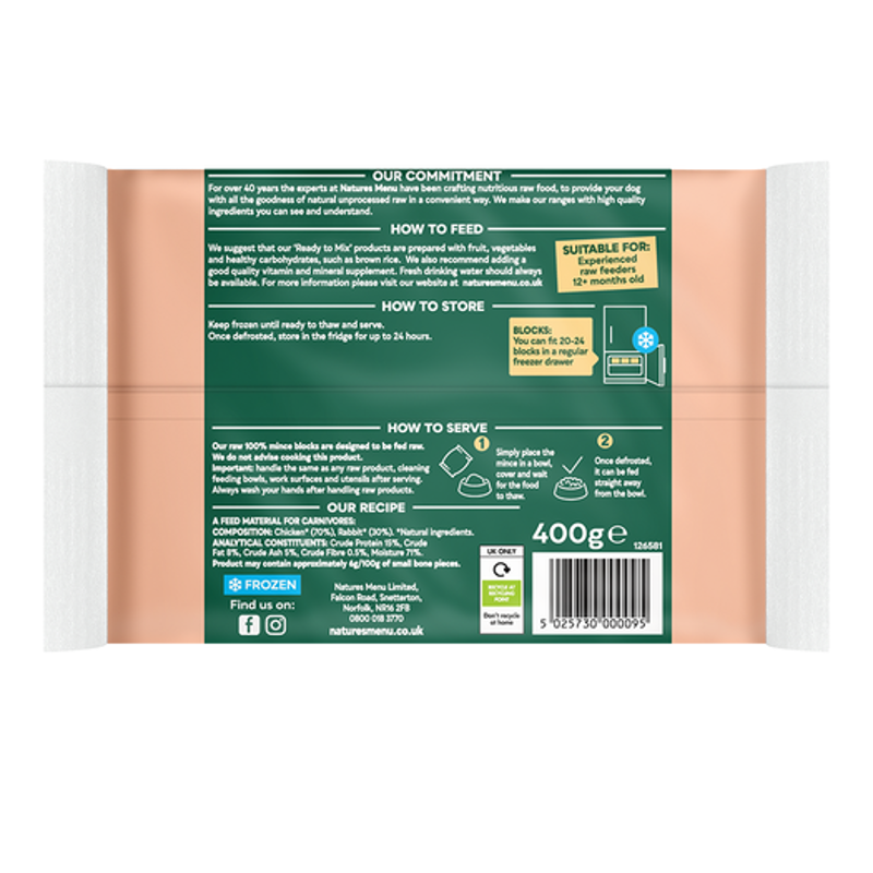 Natures Menu Raw Frozen 100% Chicken and Rabbit Block 400g-1