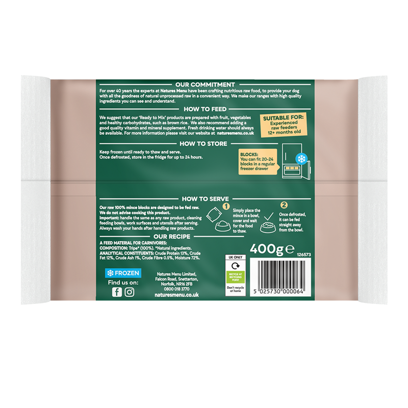 Natures Menu Raw Frozen 100% Tripe Block 400g-1