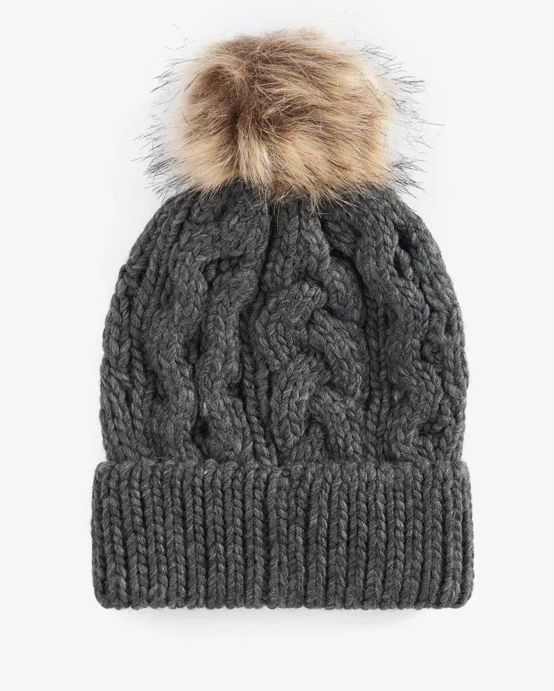 Barbour Hat Beanie Penshaw Cable-Knit Charcoal Faux Fur Pom Cottagecore Outdoor 131024-charcoal.jpg?v=  main image 3